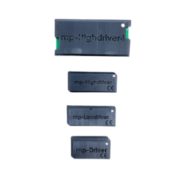 A top down view of four driver electronics each with a black cap inscribed with it's name. The four drivers are the Highdriver4, Highdriver, Driver and Lowdriver.